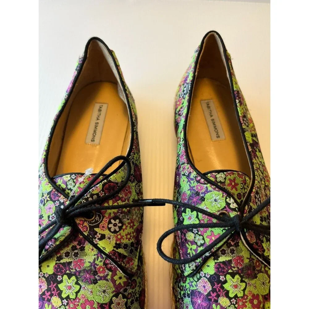 Tabitha Simmons Purple & Green Floral Espadrille Lace-Up Flats Sz 8.5 US 39 EUR